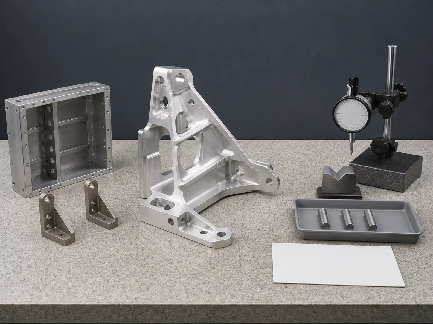 Engineering bench with a structural frame, machined aluminum rib bracket, blank-face comparator, V-block, smooth pins, and an unmarked record card