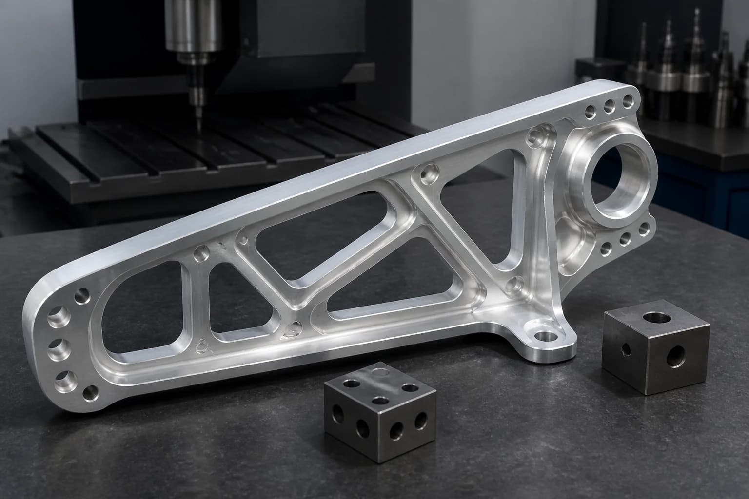 Satin aluminum structural bracket with lightening pockets, a circular end bore, and two dark fixture blocks on an idle machining bench
