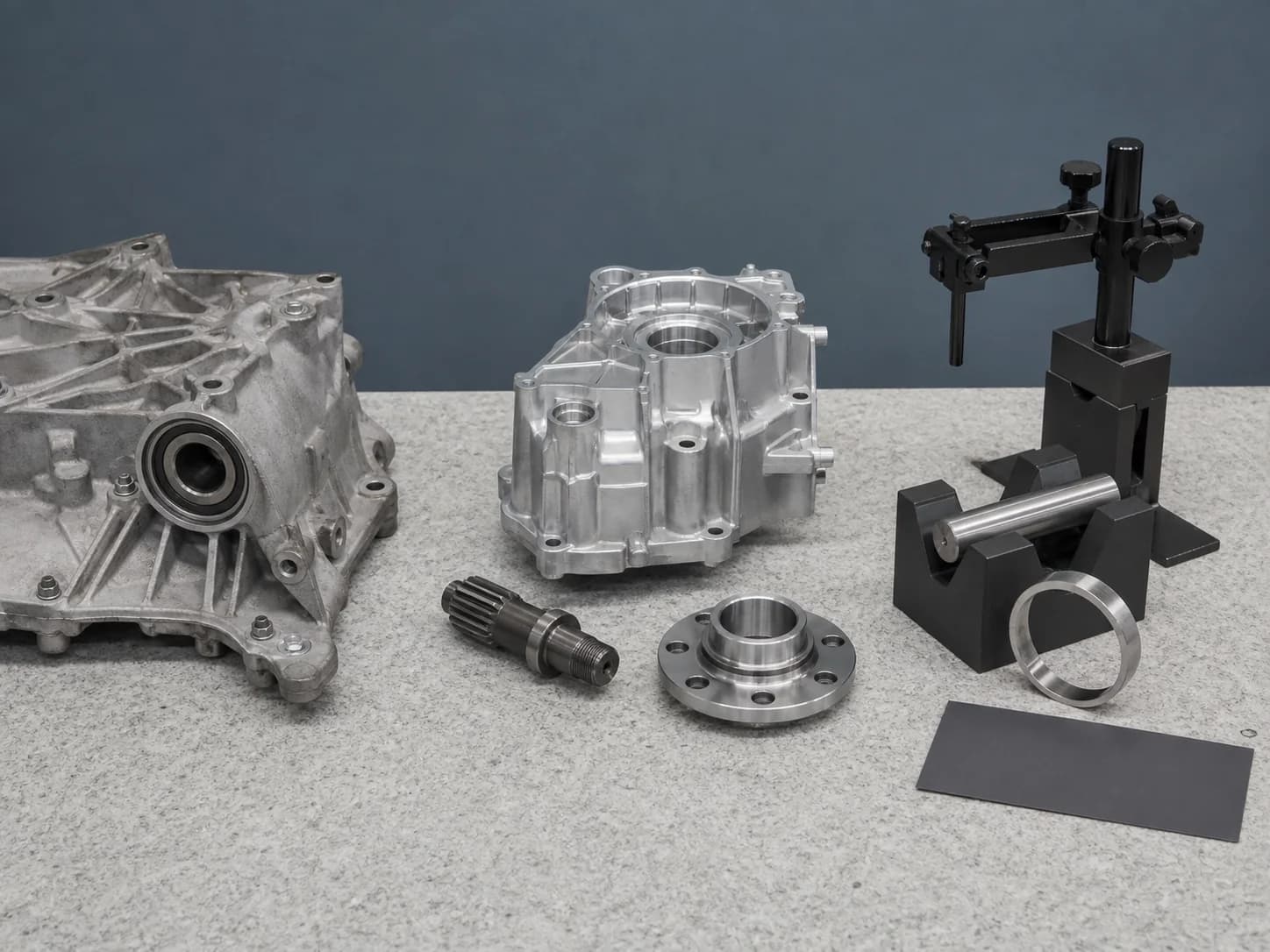 Automotive review bench with two housings, a splined shaft, hub flange, checking fixture, master ring, and an unmarked record card