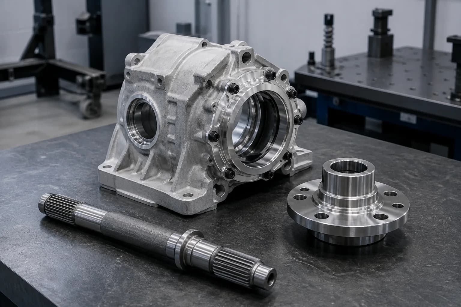Machined aluminum drivetrain housing, splined steel shaft, and hub flange on a quiet automotive development bench