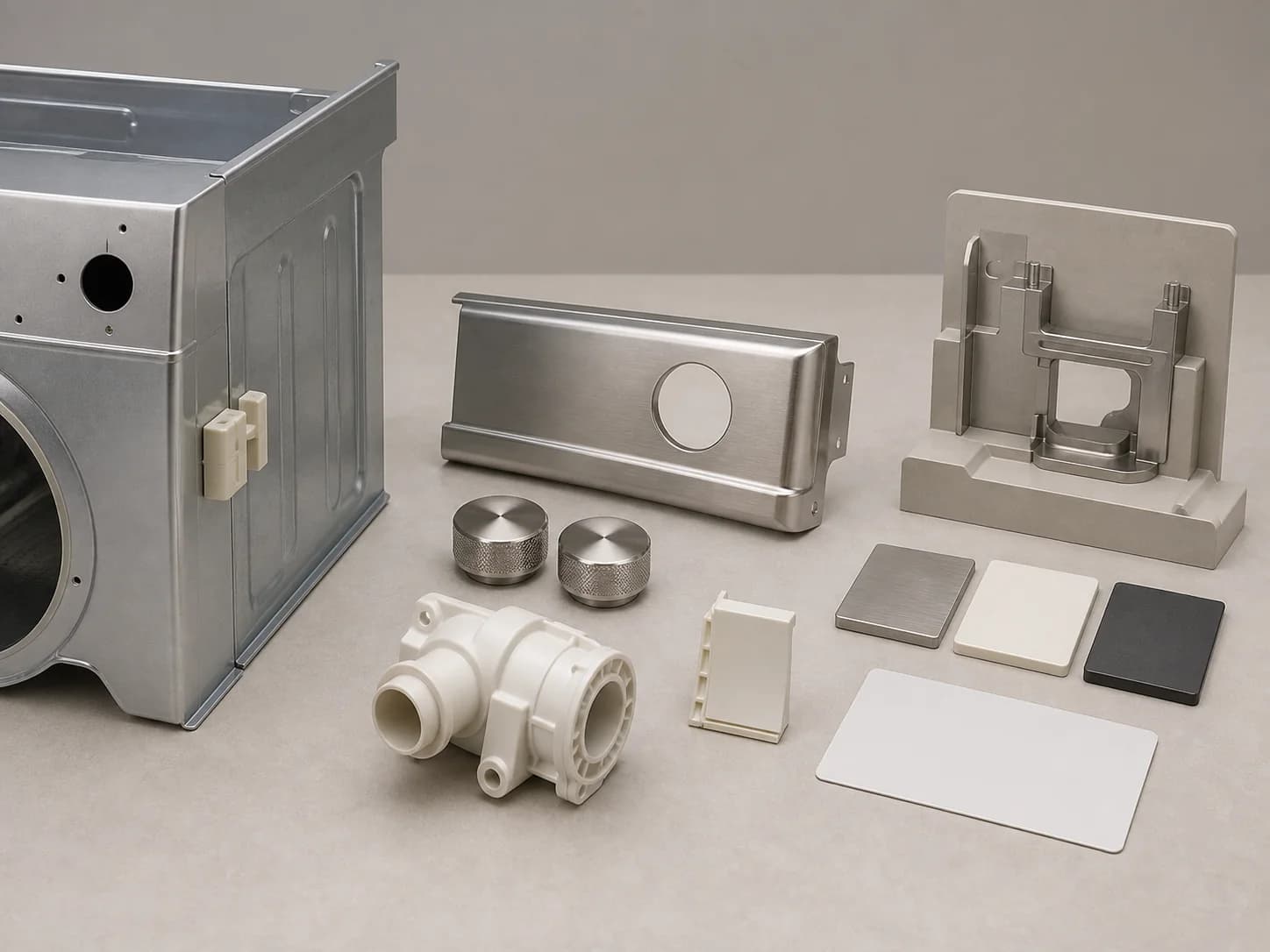 Appliance review bench with a partial washer cabinet, brushed trim, knobs, molded pump housing, fit fixture, finish tiles, and blank record card