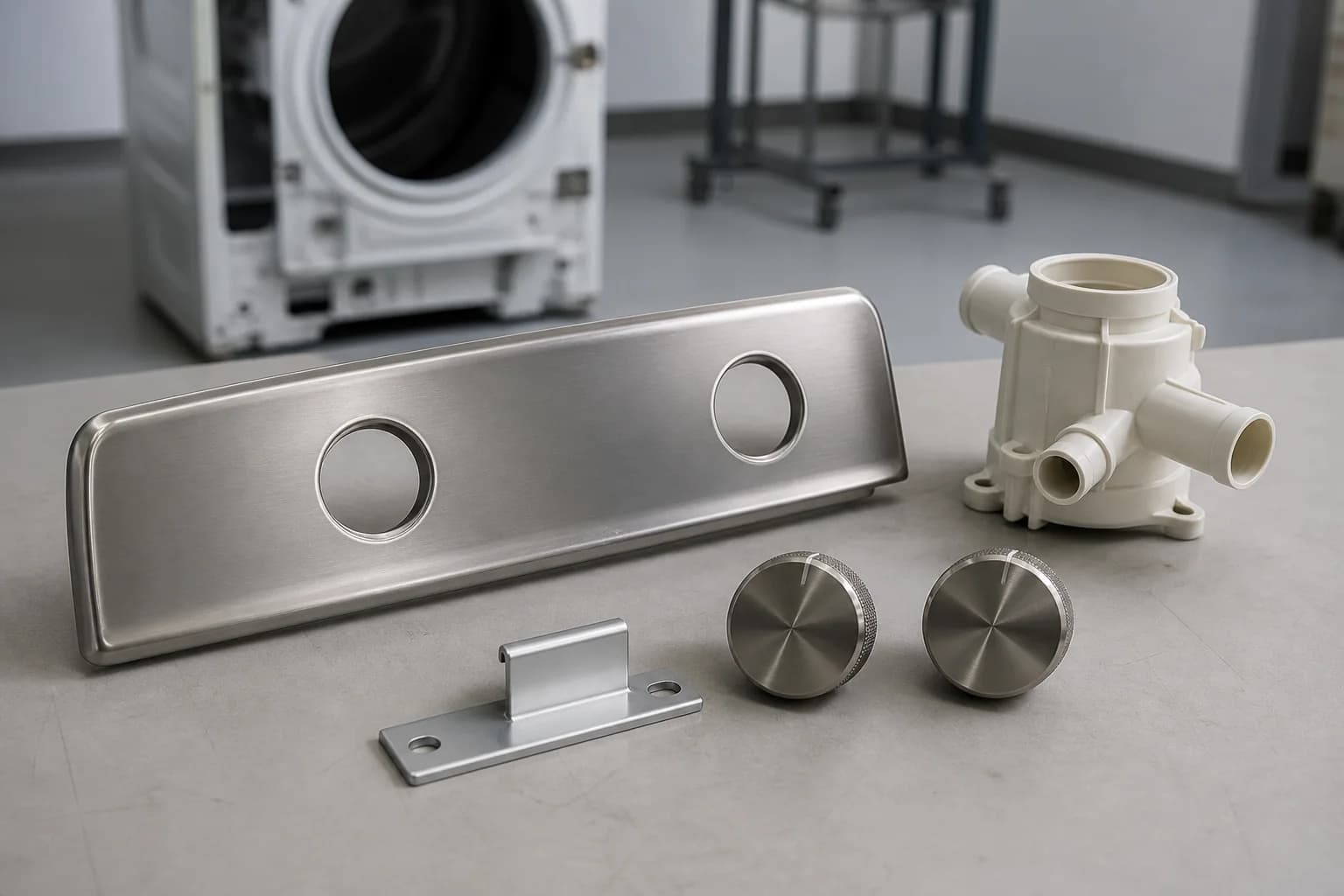 Brushed stainless appliance trim, two knurled control knobs, an off-white molded pump housing, and a small aluminum bracket on a prototype bench