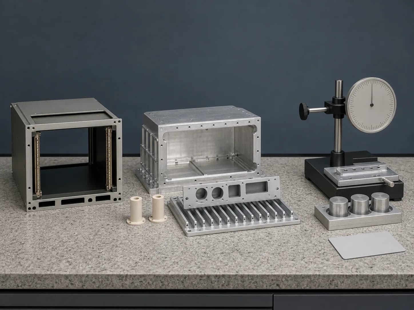 Review bench with an empty rack bay, machined avionics chassis, finned baseplate, blank connector panel, comparator, and smooth inspection artifacts