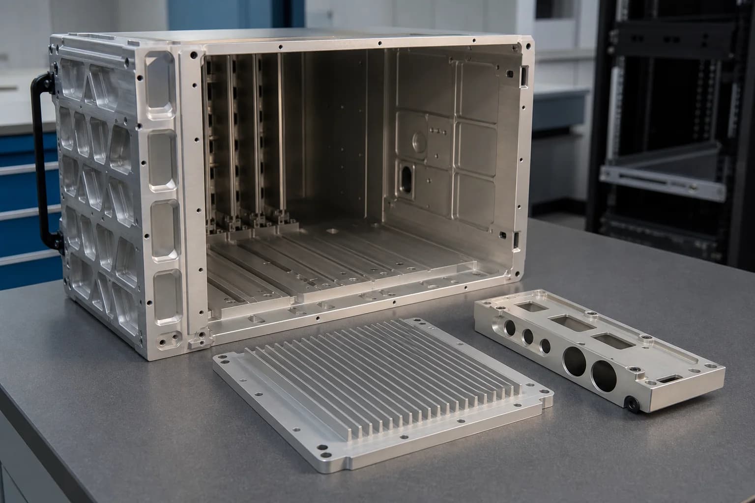 Open machined aluminum avionics chassis beside a finned thermal baseplate and blank connector-panel insert in a clean integration laboratory