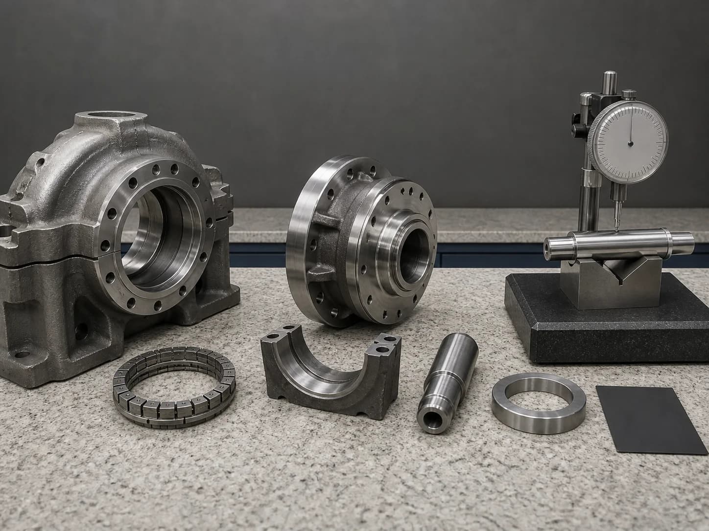 Turbine-service review bench with split casing, coupling flange, segmented seal, bearing carrier, smooth journal, comparator, master ring, and blank card