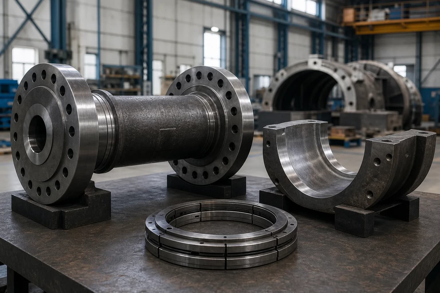 Forged turbine coupling spool, segmented seal ring, and two bearing-carrier halves on support blocks in an inactive service workshop