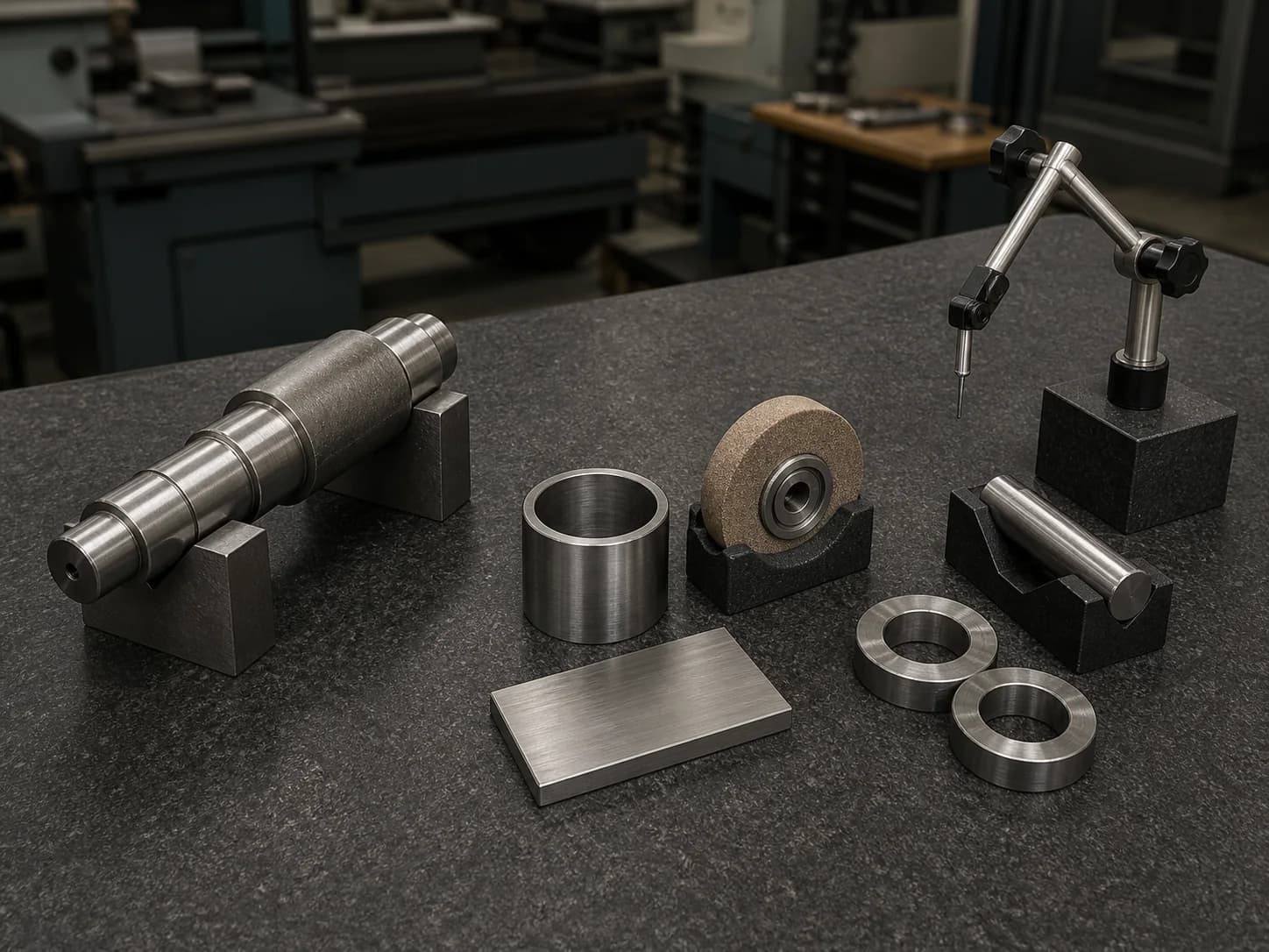 Stepped shaft, open sleeve, flat coupon, cradled abrasive wheel, ring gauges, cylindrical master, and probe stand on granite