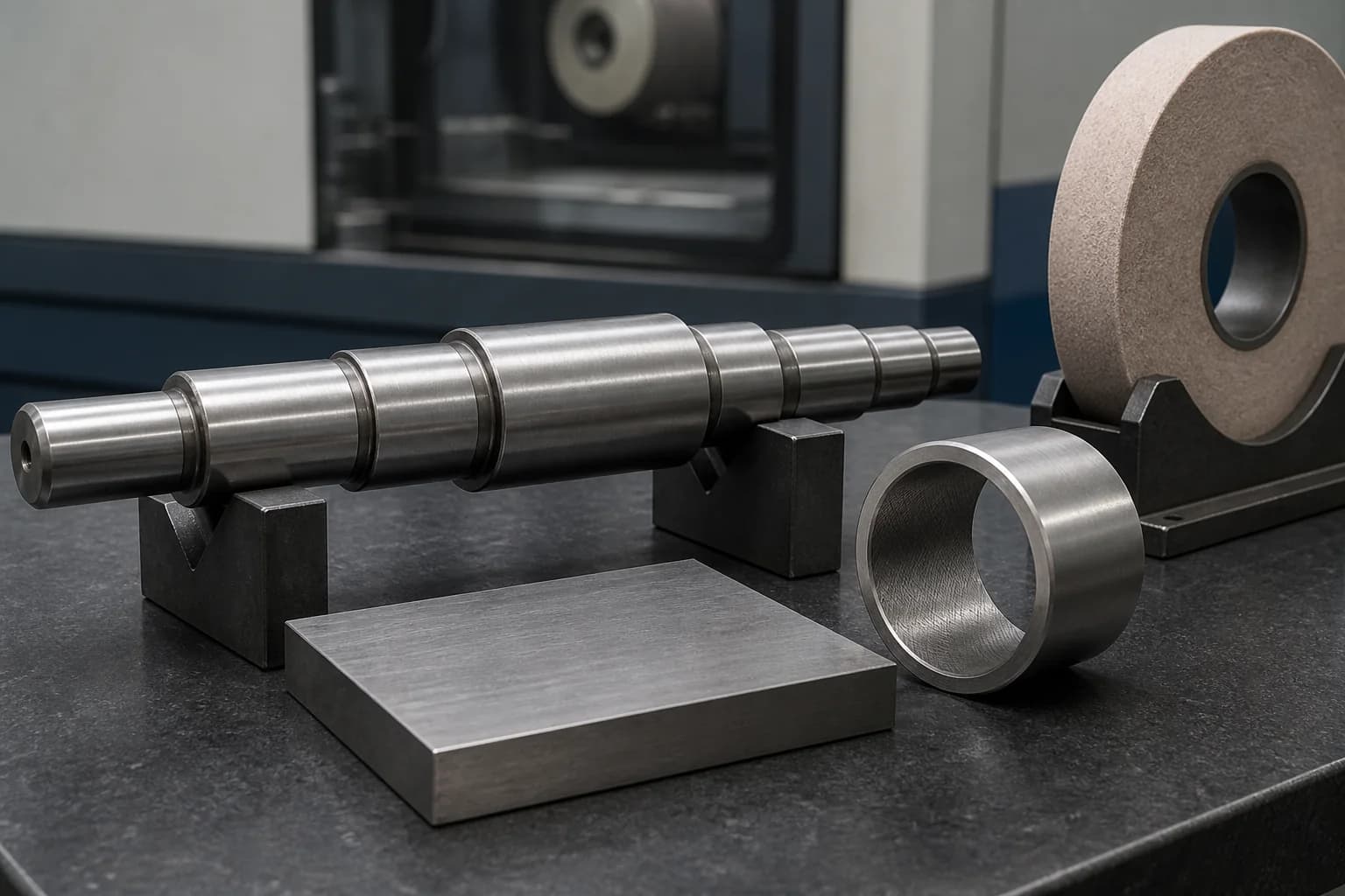 Stepped steel shaft on V-blocks beside a flat plate, honed sleeve, and cradled abrasive wheel