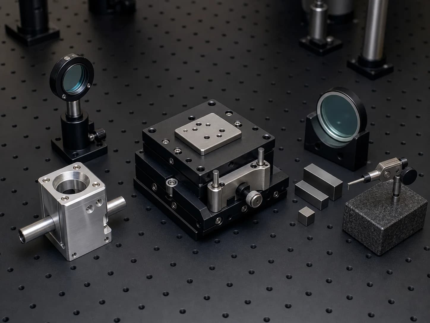Sample-cell housing and lens beside a translation carriage, optical flat, plain blocks, and contact probe on a breadboard