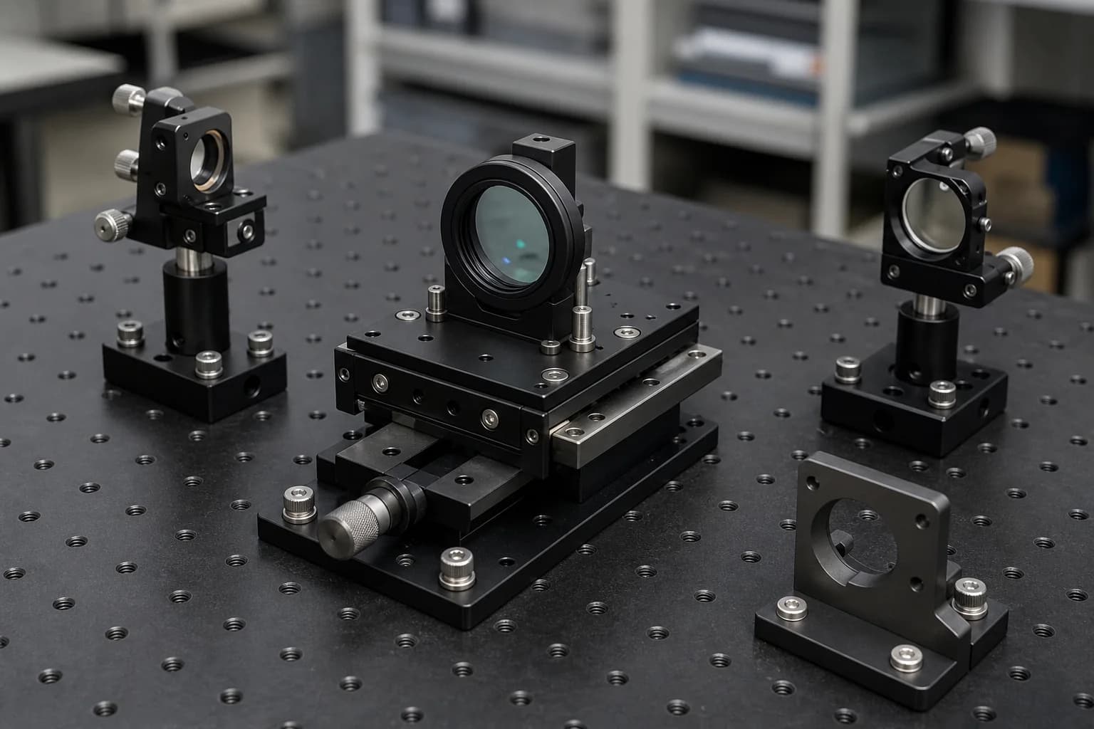 Black optical breadboard carrying a translation stage, clear lens cell, and two adjustable mirror-mount bodies