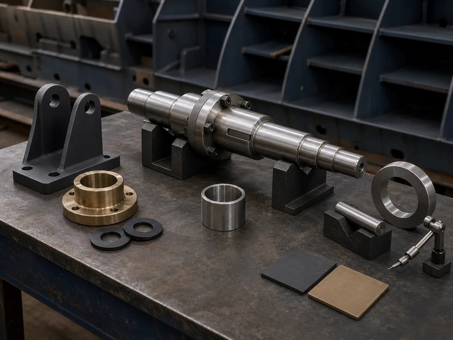 Coated bracket, bronze carrier, isolation washers, supported keyed shaft, ring gauge, cylindrical master, probe, and coating coupons