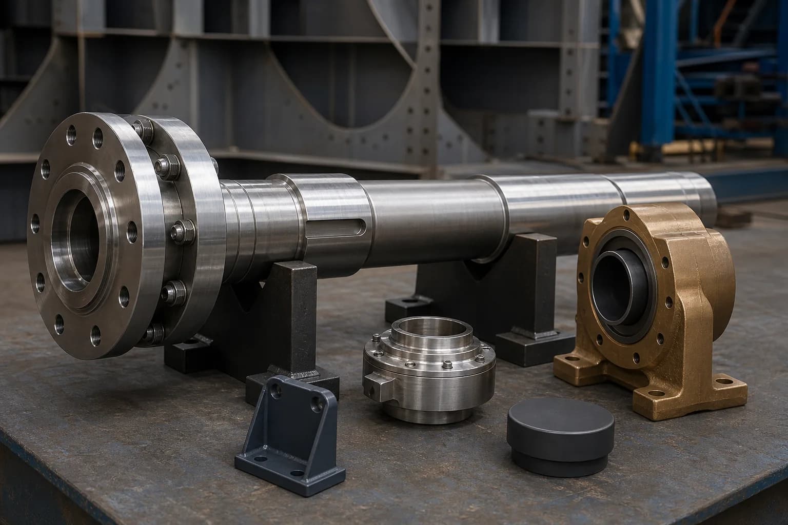 Supported steel shaft with bolted coupling and keyway beside a bronze bearing carrier, seal housing, bracket, and cap