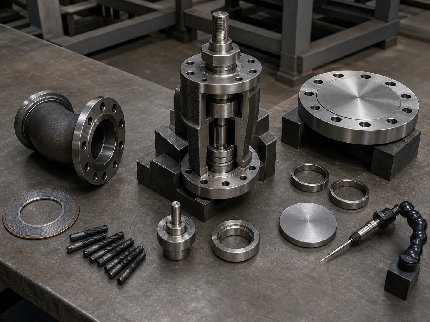 Flanged spool, gasket, and studs beside exposed valve trim, blind flange, ring masters, coupon, and contact probe