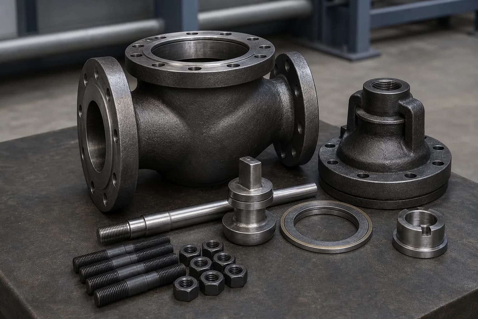 Open flanged valve body beside a bonnet, stem, guided plug, seat ring, gasket, studs, and nuts