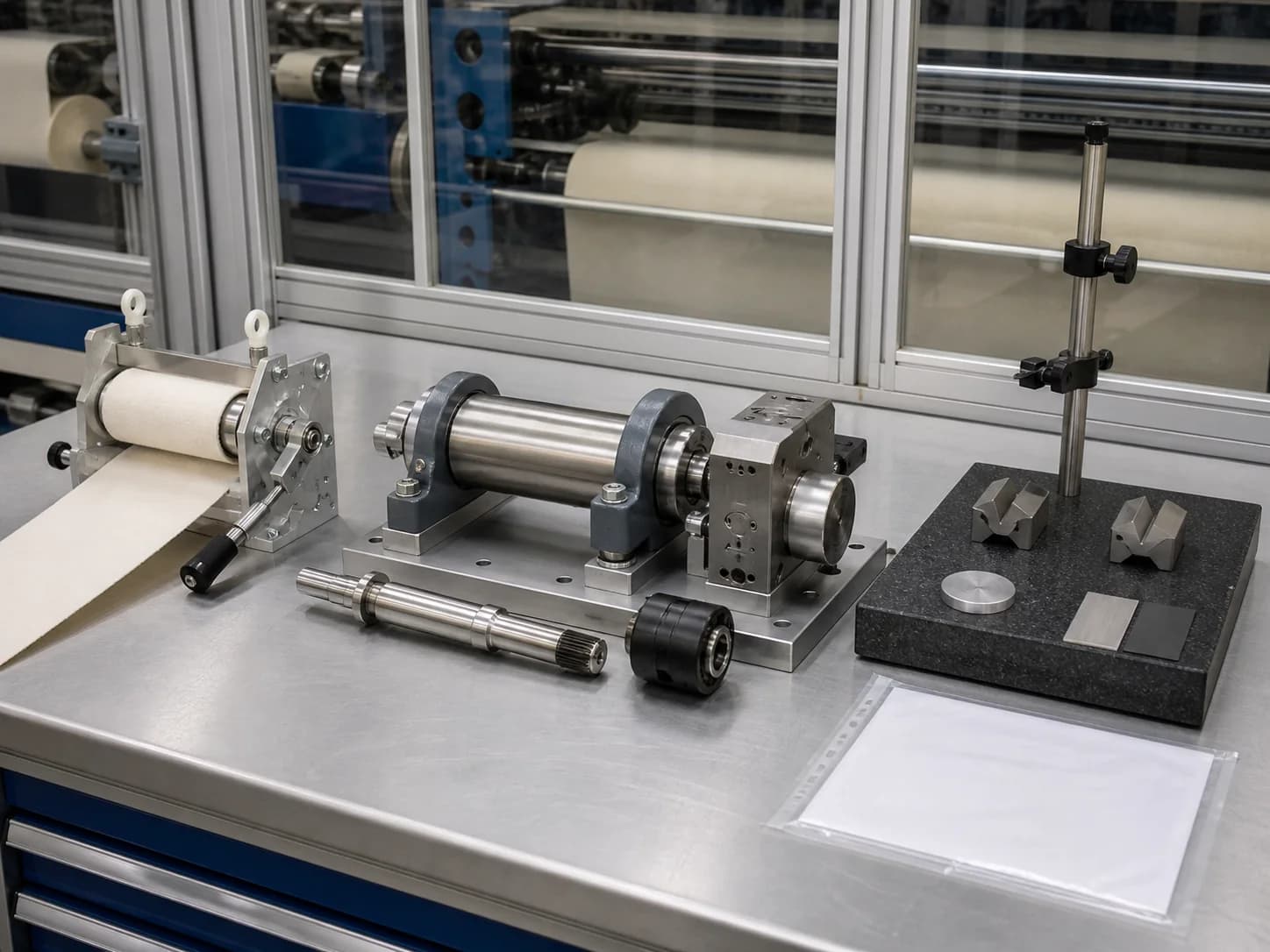 Textile machinery review bench with stationary fabric and guide roller at left, a cradled roller and spindle at centre, and vee blocks on granite at right