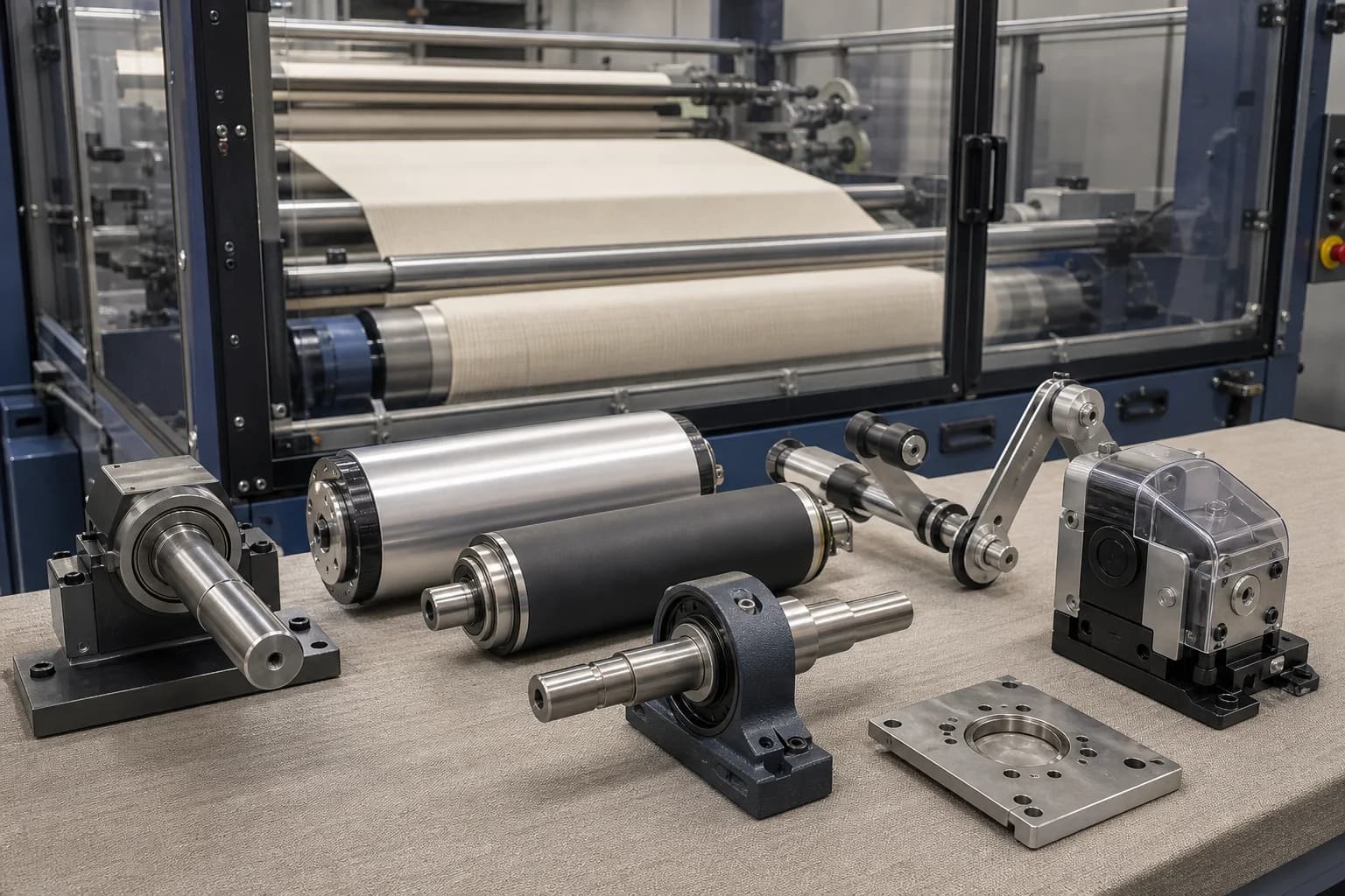 Roller and spindle assemblies, tensioner arms, bearing housings, and a guarded cutter staged before an idle enclosed fabric machine