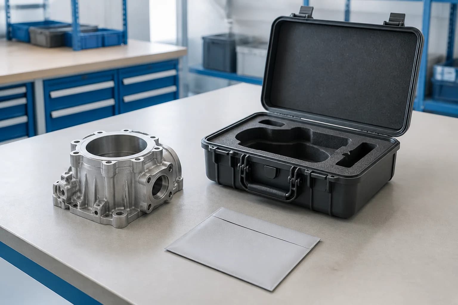 Illustrative delivery-planning scene with a machined housing, an open foam-lined transit case, and blank documentation.