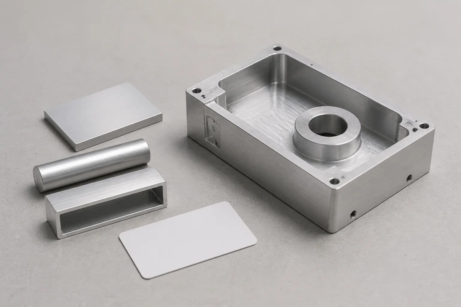 Illustrative aluminum request-planning arrangement with a small unmarked plate coupon, a short round-bar sample, and a short hollow-extrusion sample beside one unfinished machined housing and a blank material-reference card
