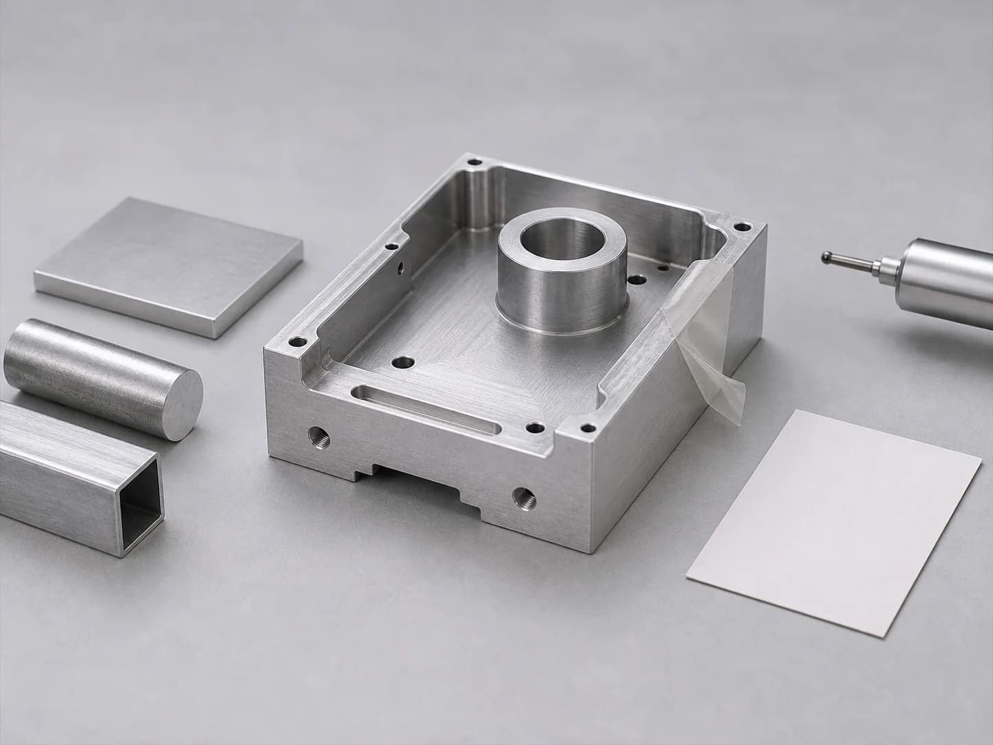 Illustrative aluminum request-planning layout with unmarked plate, round-bar, and hollow-extrusion samples beside one unfinished machined housing showing a pocket, bore, boss, hole pattern, raw surface zones, a protected-face boundary, a retracted non-contact probe, and a blank record card