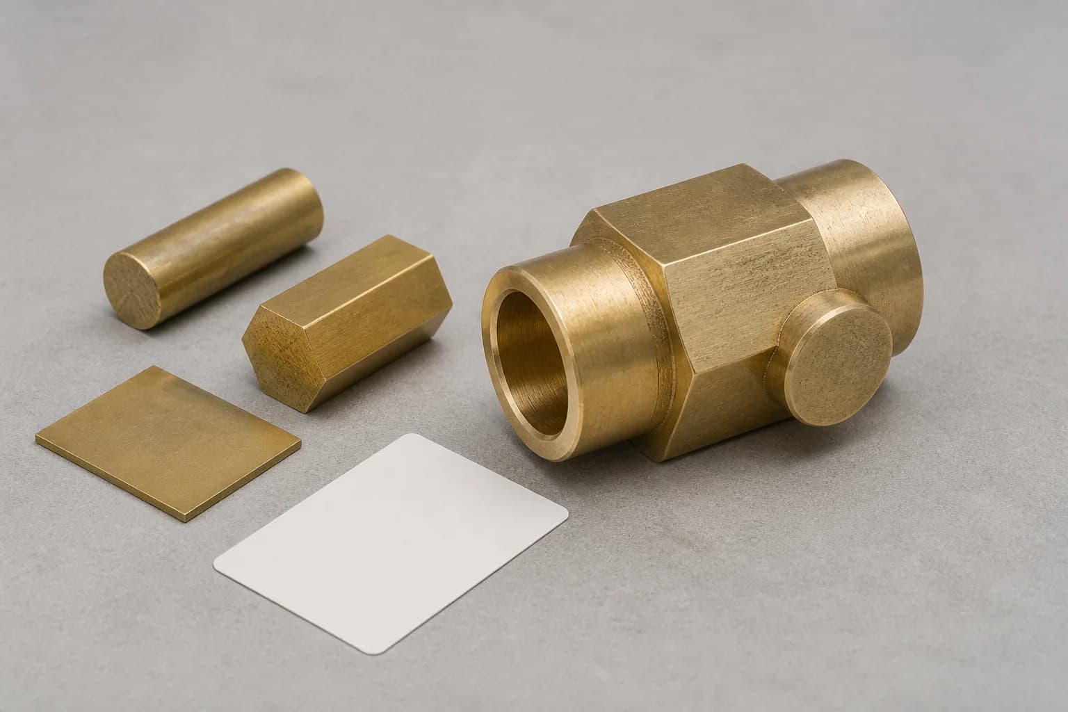 Illustrative brass request-planning arrangement with one unmarked round-rod sample, one unmarked hex-bar sample, and one unmarked sheet coupon beside one unfinished brass connector body with an open axial bore, wrench flats, a plain side boss, and a blank material-reference card