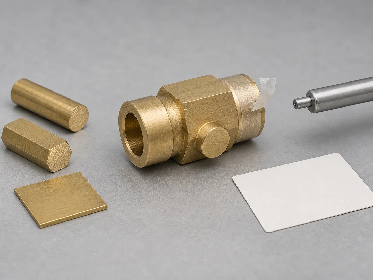 Illustrative brass request-planning layout with unmarked round-rod, hex-bar, and sheet samples beside one unfinished brass connector body showing an open axial bore, wrench flats, shoulder, plain side boss, raw allowance band, temporary masking boundary, retracted non-contact probe, and blank record card