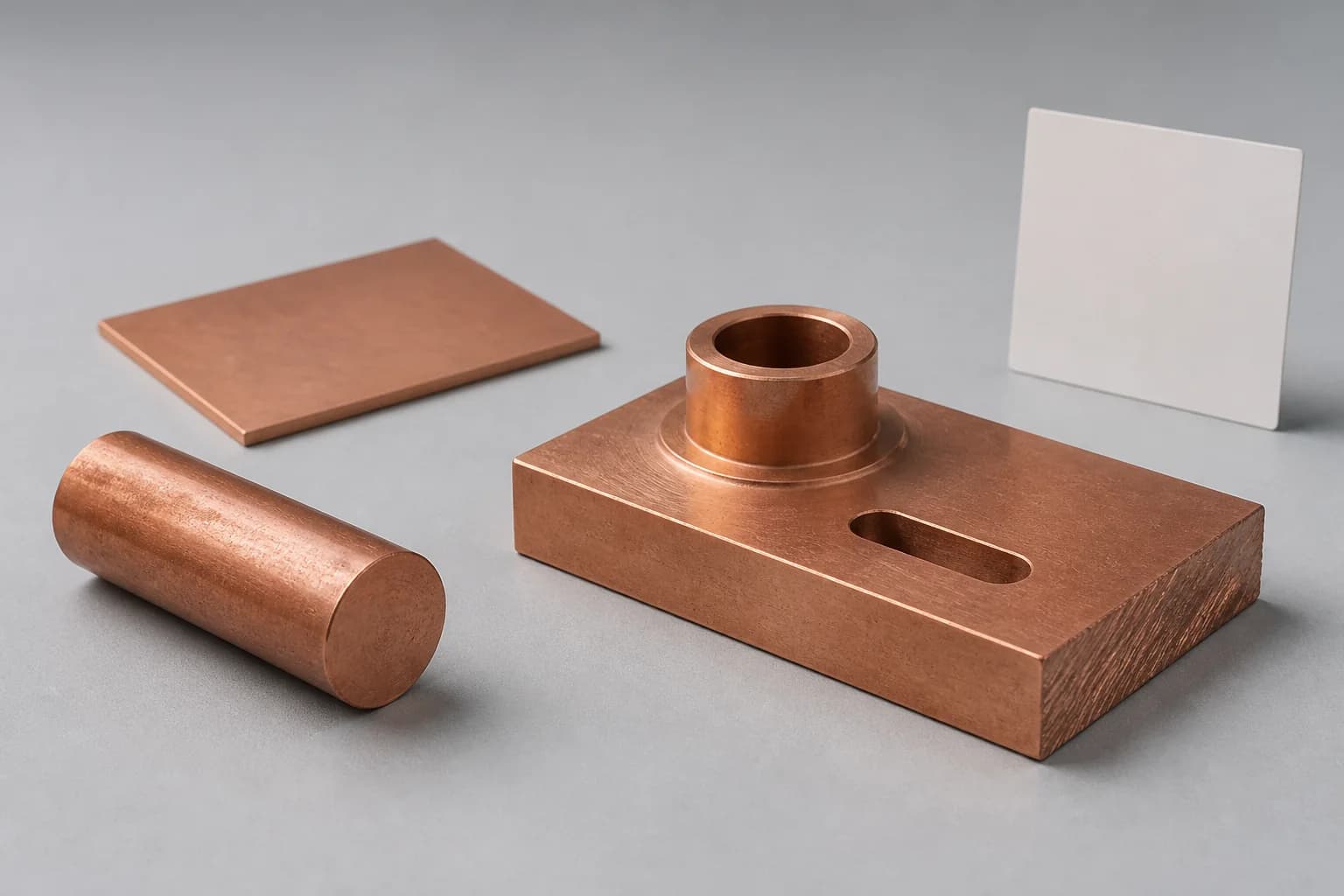 Illustrative copper material request-planning arrangement with one unmarked short copper-coloured round form and one unmarked flat rectangular form beside one unfinished generic copper-coloured interface body showing a broad plain base, raised cylindrical boss, open dry bore, shallow oblong slot, stepped shoulder, raw allowance band, and a blank material-reference card