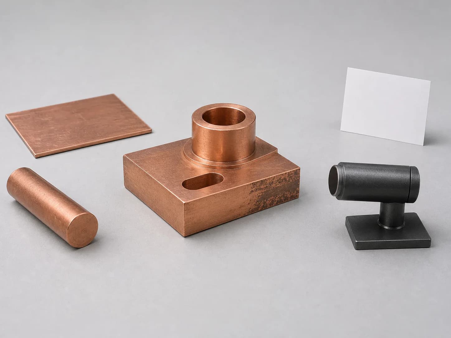 Illustrative copper material request-planning layout with one unmarked short copper-coloured round form and one unmarked flat rectangular form beside one unfinished generic copper-coloured interface body showing a broad plain base, raised cylindrical boss, open dry bore, shallow oblong slot, stepped shoulder, raw allowance band, datum or mating faces, a fully framed retracted non-contact sensing nose on a plain low support, and a blank record card