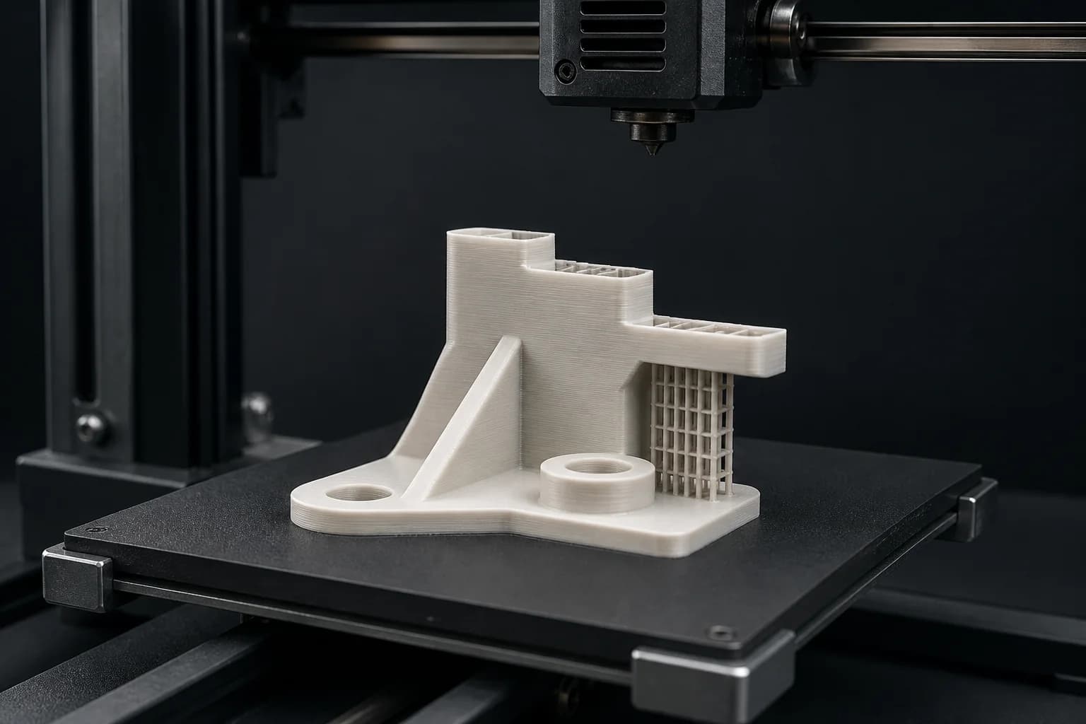 Illustrative additive-build planning scene with a partially formed polymer mounting bracket on a removable build plate, support lattice beneath an overhang, and a parked generic print head