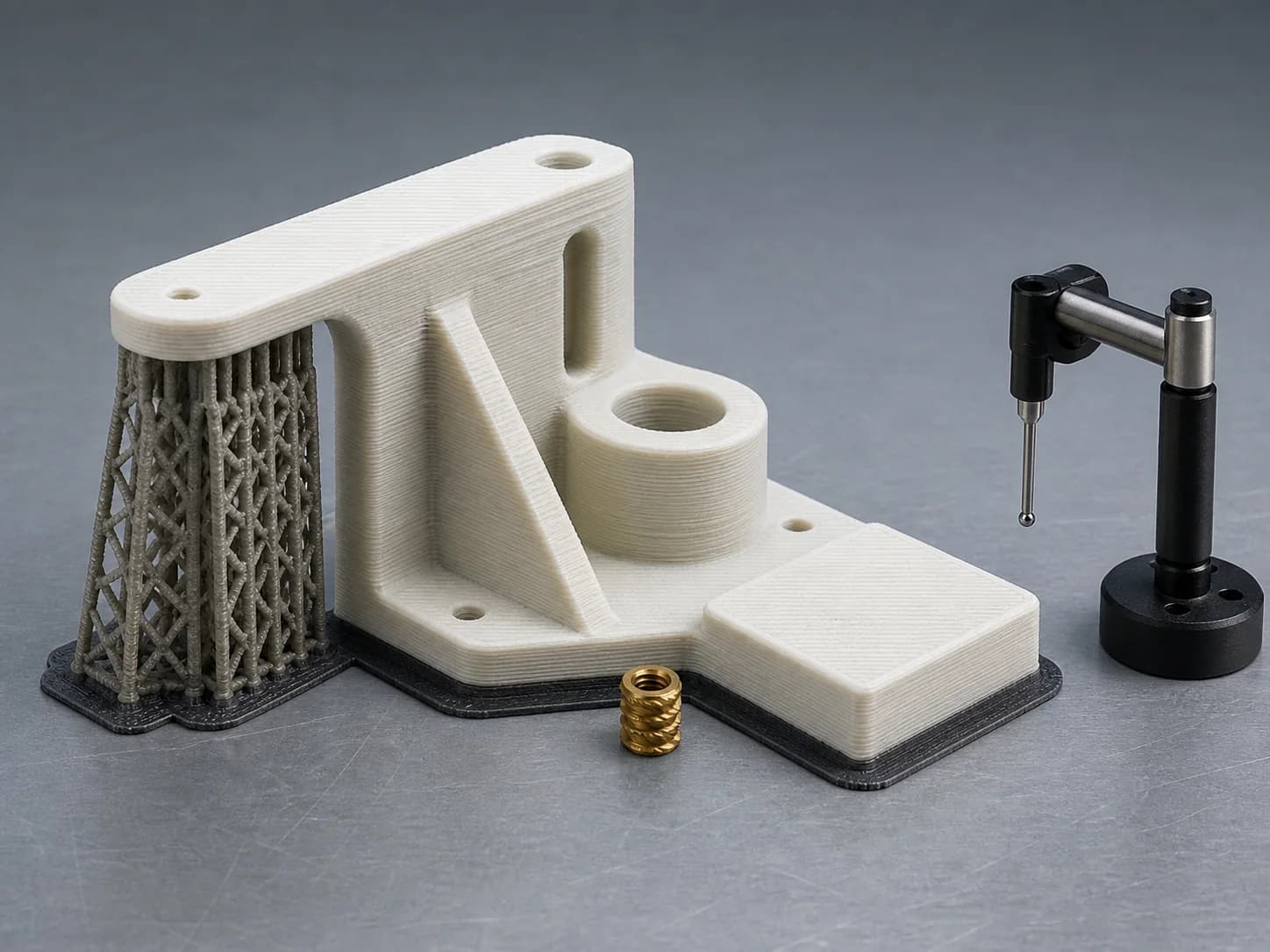 Illustrative additive-part planning layout with a polymer mounting bracket retained on a small build raft, support lattice beneath an overhang, visible layered walls and bosses with a loose brass insert beside an open bore, and a retracted inspection probe beside a flat mating face