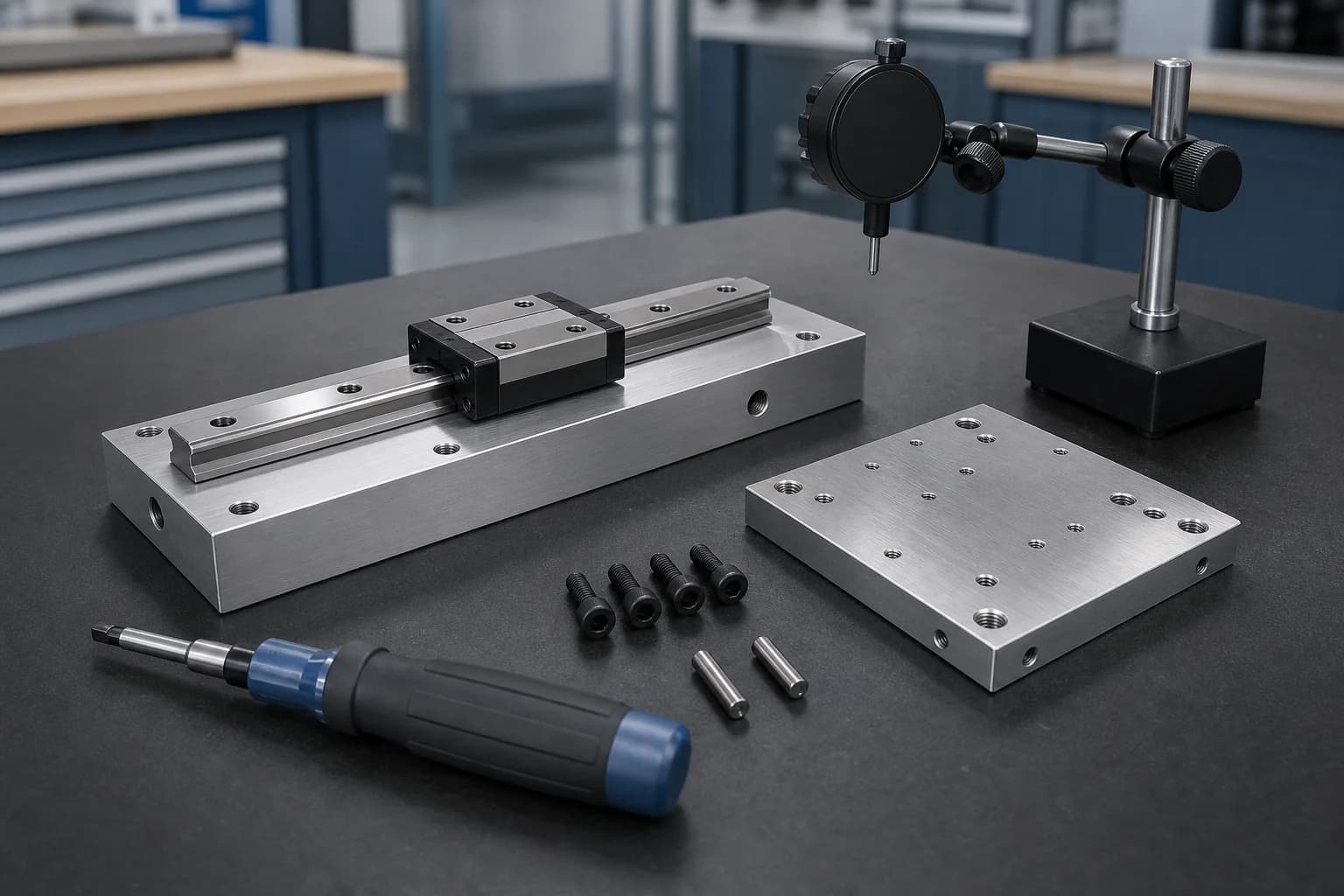Illustrative assembly-planning bench with a linear-guide base, a separate carriage plate, organized socket-head fasteners and locating pins, an unbranded torque screwdriver, and a dial indicator standing nearby