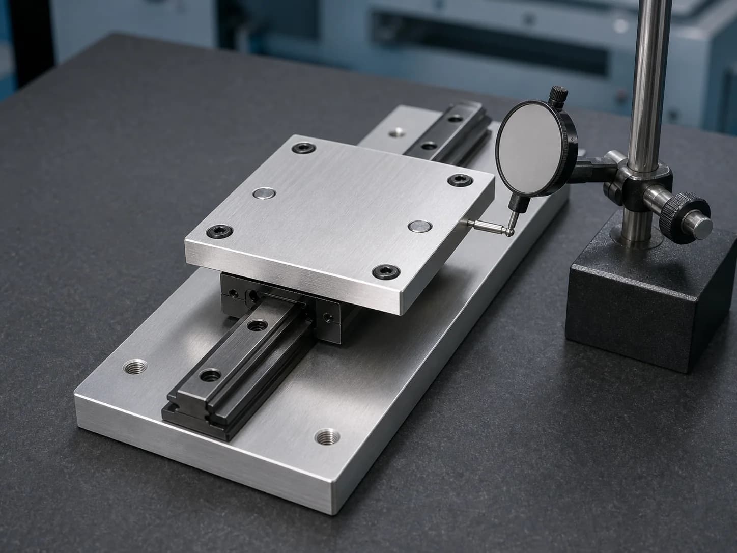 Illustrative compact linear-stage subassembly on an inspection bench showing a carriage plate secured by four socket-head fasteners and two locating pins, with a dial indicator contacting the moving interface for test-definition context