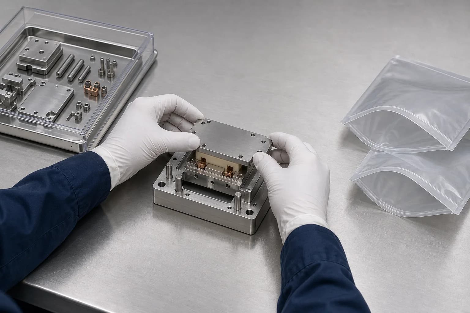 Illustrative controlled-environment assembly planning scene with gloved hands positioning a compact metal-and-polymer module in a cleanable fixture beside covered components and open nested clear protective pouches