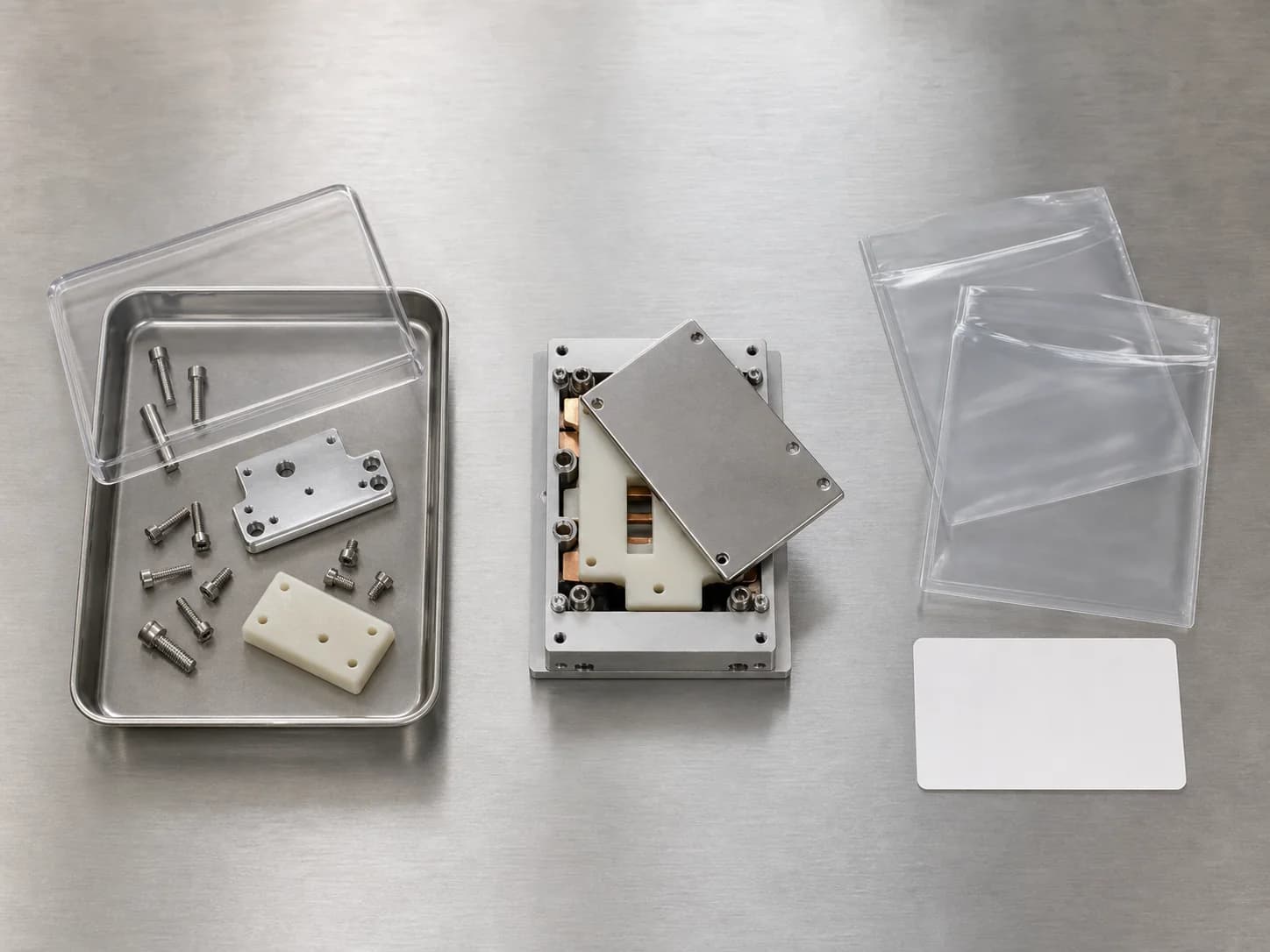 Illustrative controlled-environment assembly planning layout with a covered tray of stainless components, a partially assembled metal-and-polymer module, and open nested clear protective pouches beside an unlabeled record card