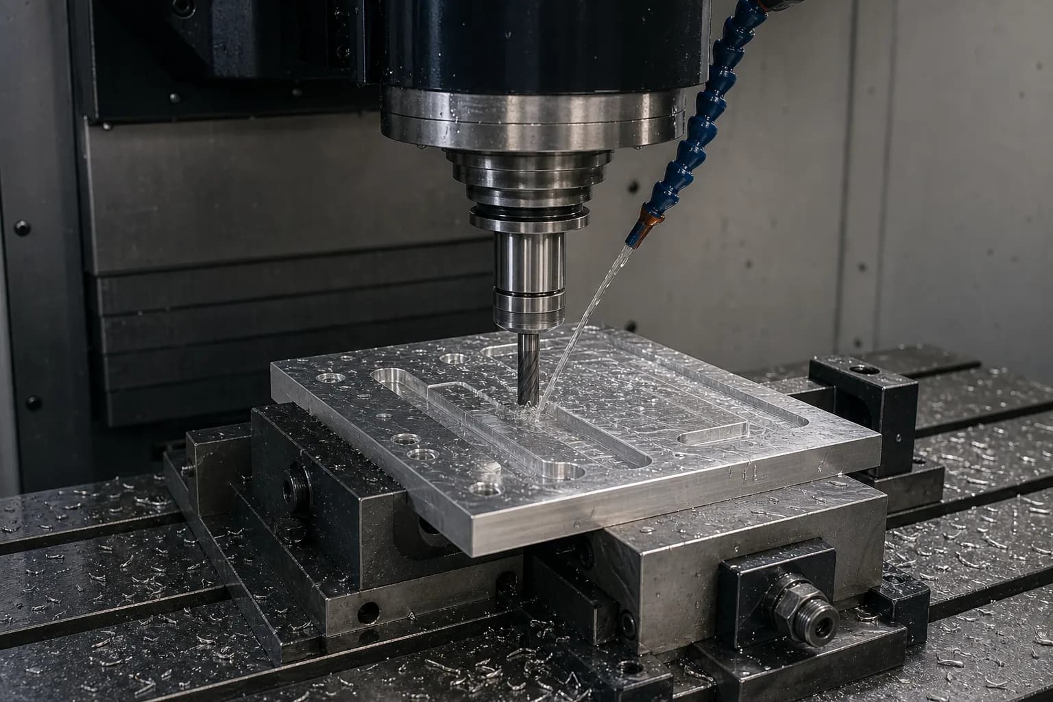 Illustrative vertical CNC mill cutting a pocketed aluminum fixture plate held in a machine vise