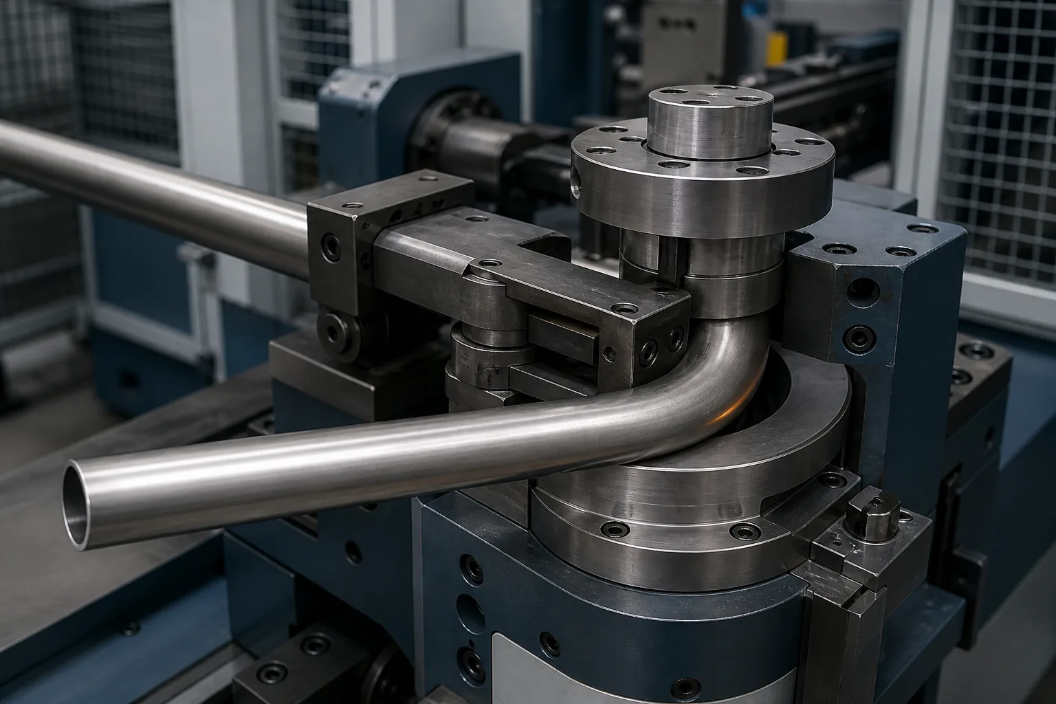 Illustrative generic guarded rotary-draw tube-bending setup with a round metal tube partially wrapped around a bend die between the clamp and pressure-die tooling