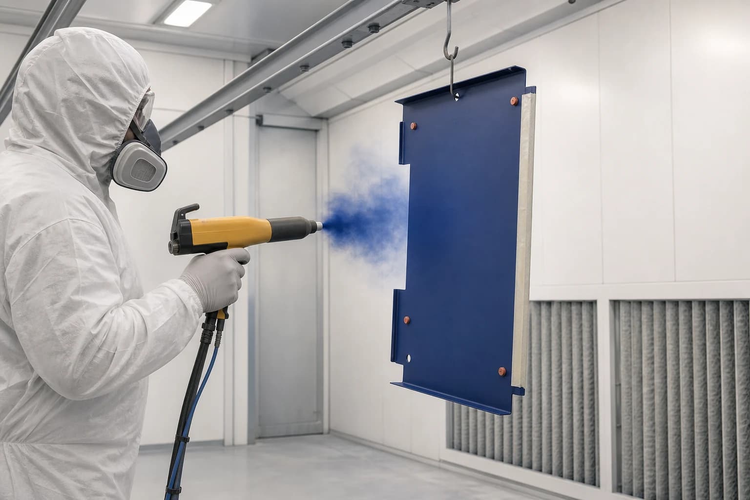 Illustrative powder-coating booth with a masked steel equipment panel suspended from a metal rack while an operator applies blue powder