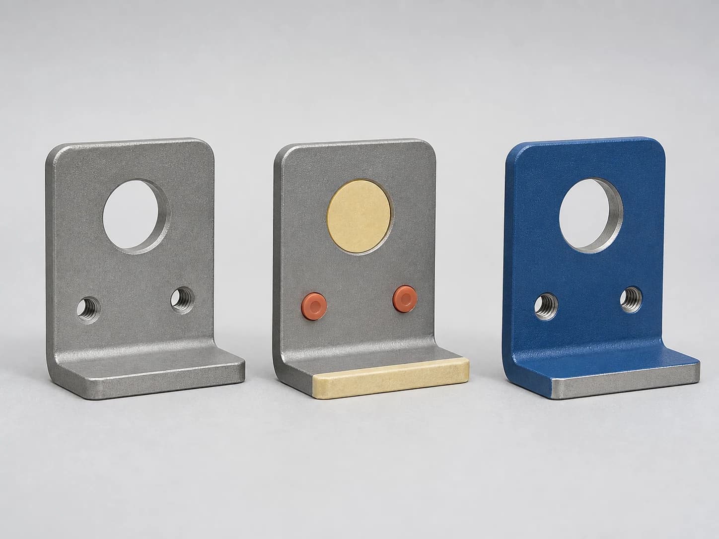 Illustrative coating-planning board with matching steel brackets shown as bare, masked, and blue finished references