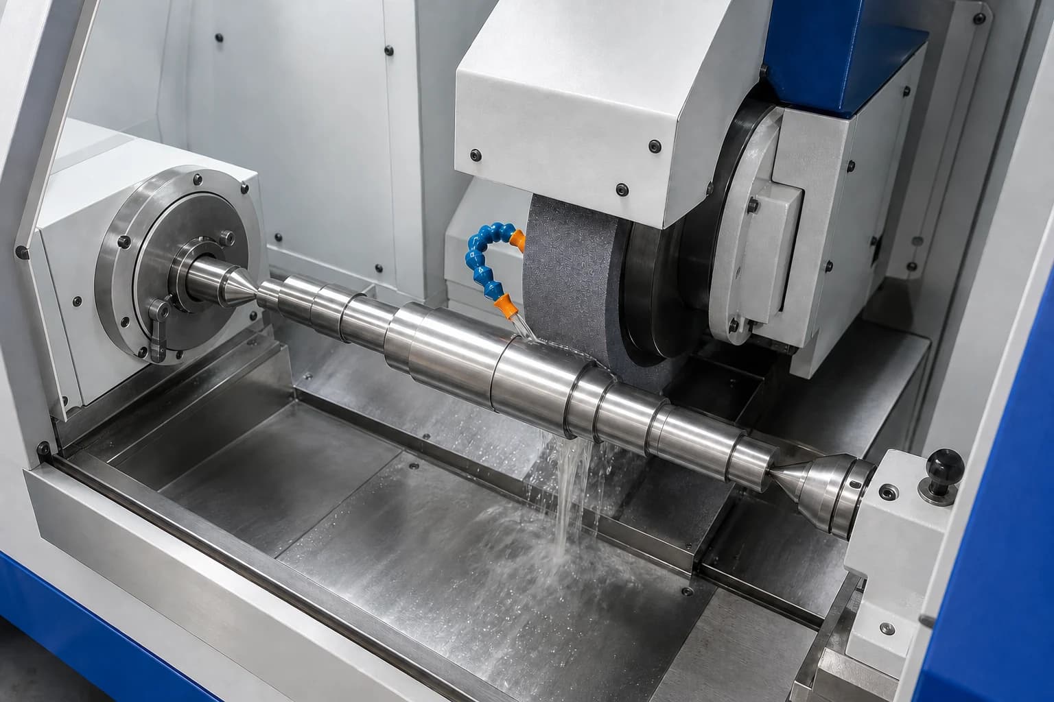 Illustrative universal cylindrical-grinding setup with a stepped steel shaft supported between centres beside a single guarded grinding wheel