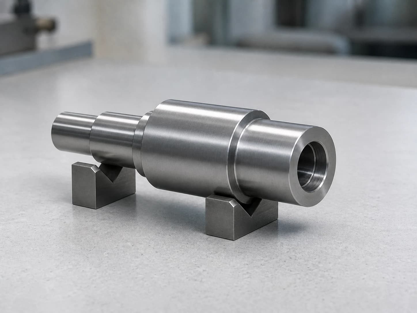 Illustrative stepped steel spindle on inspection V-blocks showing a ground outside journal, shoulder face, recessed bore, and reference journal