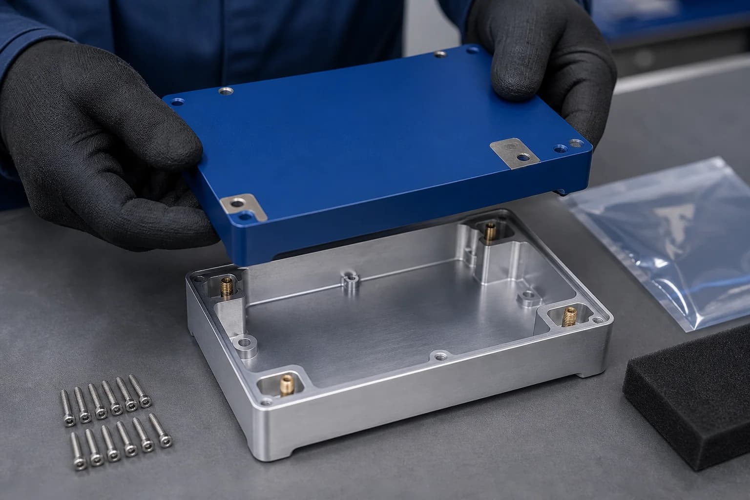 Illustrative generic finishing-and-assembly planning bench with gloved hands aligning a blue-coated aluminum enclosure cover over a silver base with visible standoffs, protected bare contact pads, and organized hardware