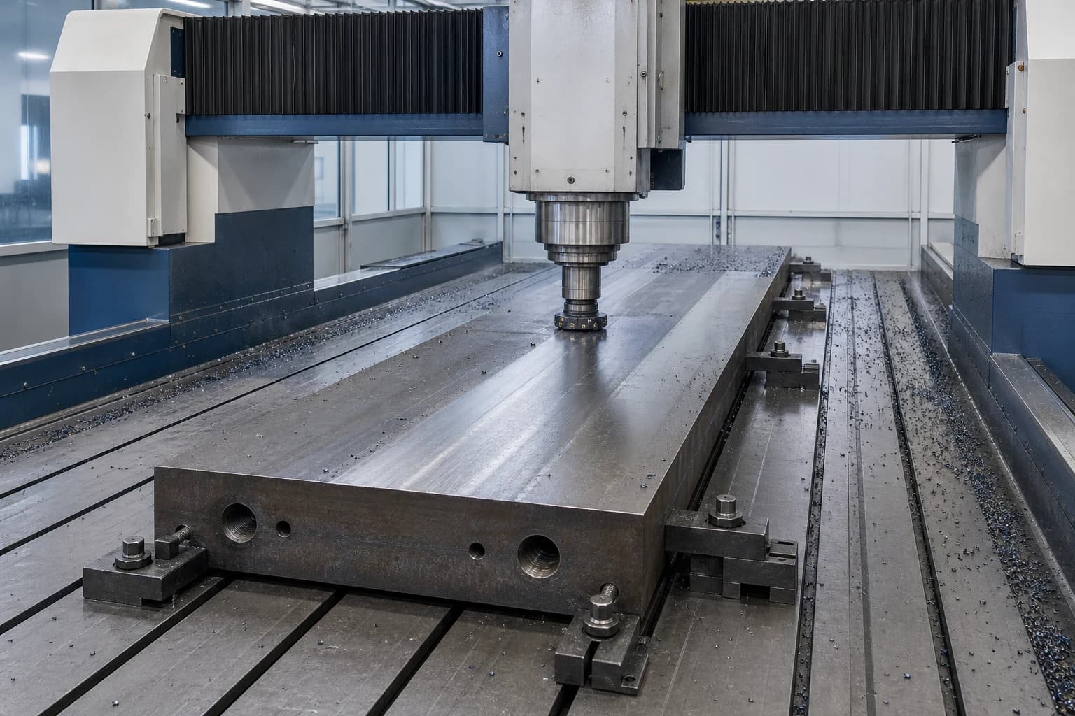 Illustrative bridge-style milling operation over a long steel baseplate secured on a large worktable