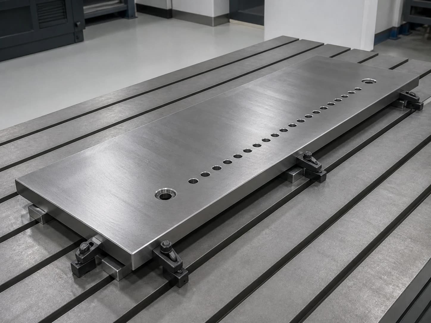 Illustrative large machined steel baseplate showing a surfaced plane, supported datum locations, and a long-span hole pattern