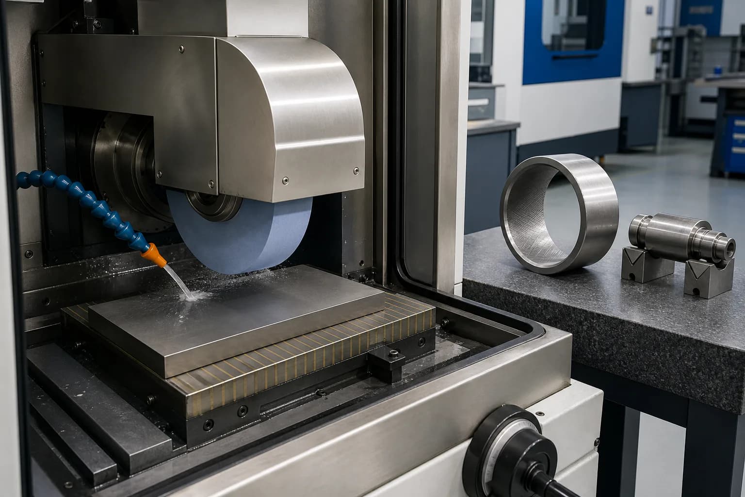 Illustrative precision-finishing cell with a guarded surface-grinding setup, a steel sleeve showing a crosshatch-honed bore, and a stepped shaft on a separate inspection bench
