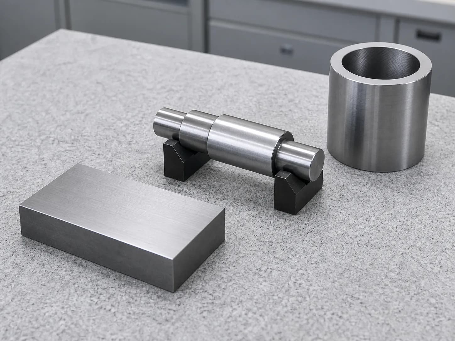 Illustrative precision-finishing inspection layout with a surface-ground steel block, a stepped shaft with a ground outside journal, and an upright sleeve showing a crosshatch-honed bore