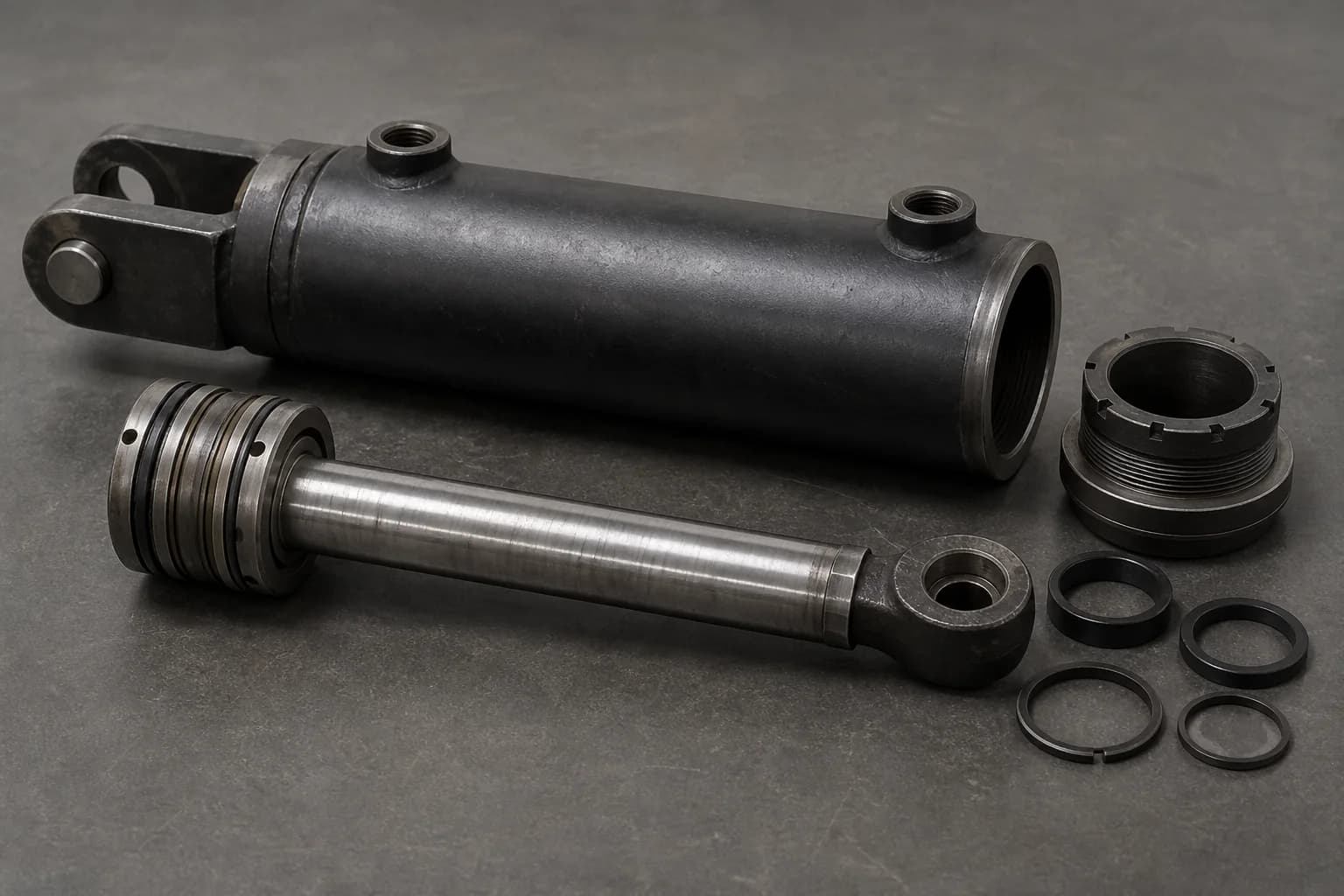 Illustrative hydraulic cylinder request-review layout with one dry open barrel beside its withdrawn piston-and-rod assembly, a separate gland and loose seal rings, and visible mounting and port interfaces