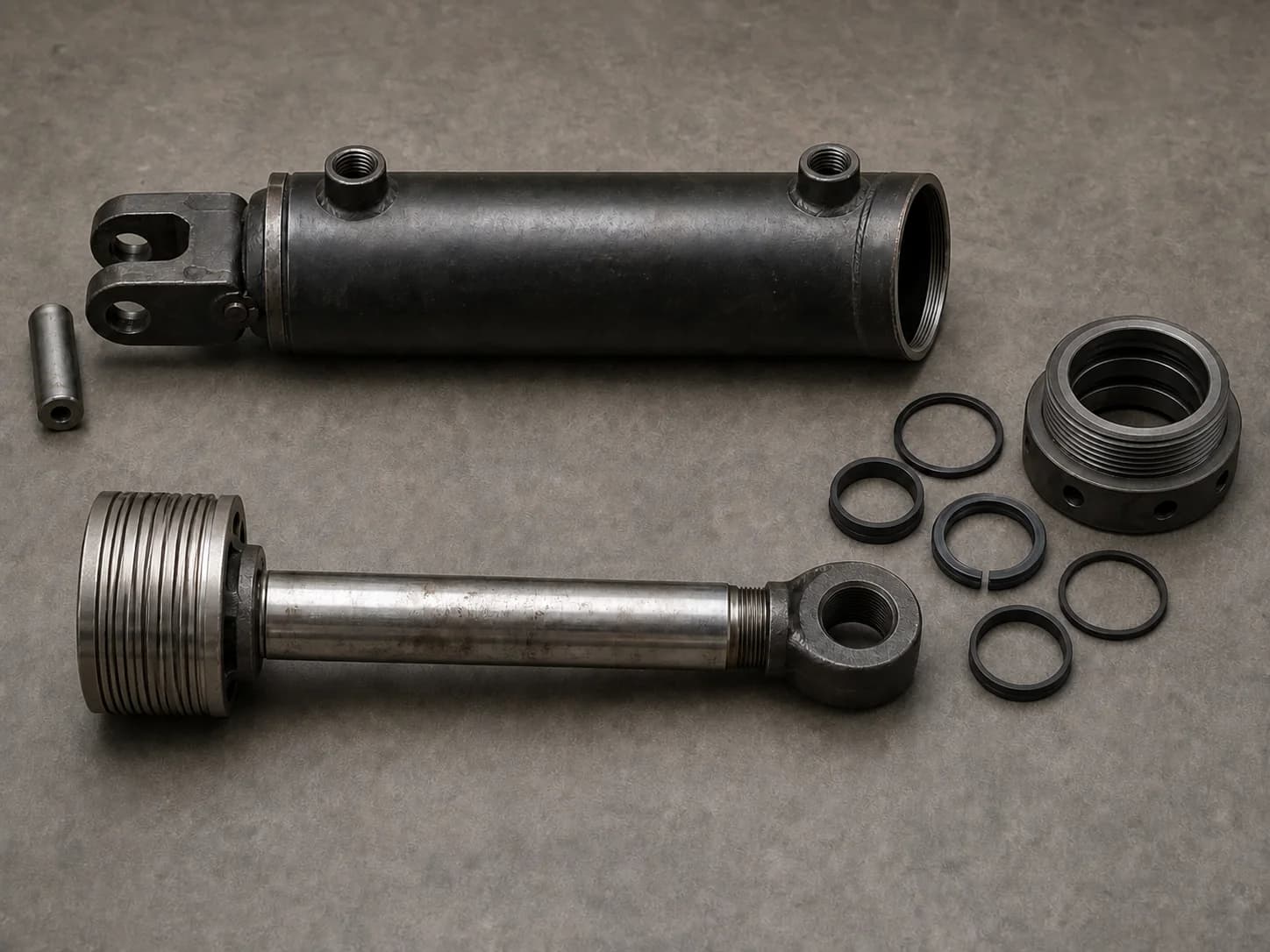 Illustrative hydraulic cylinder request layout with one dry open barrel, its withdrawn piston-and-rod assembly showing the rod running surface and piston, an uninstalled gland with loose seal and wear rings, and visible clevis and port interfaces