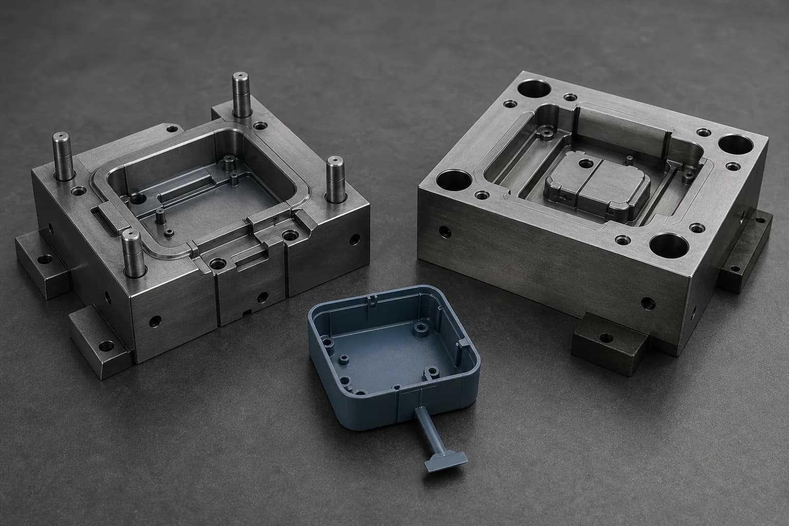 Illustrative injection-mold planning layout with separated generic steel core and cavity inserts beside one blue-gray polymer enclosure shell retained on a short runner and edge-gate tab