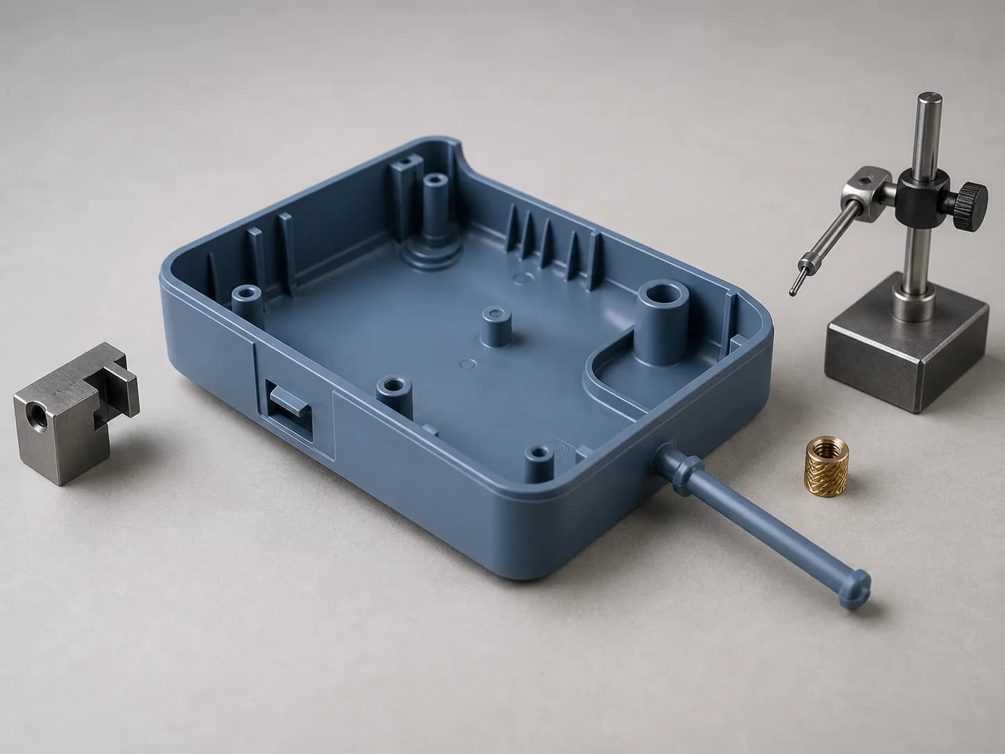 Illustrative injection-molding request layout with one blue-gray polymer enclosure shell retained on a short runner and edge-gate tab, showing a tapered parting edge and side feature, interior walls, ribs and bosses, a loose brass insert, and a retracted probe beside an exterior surface
