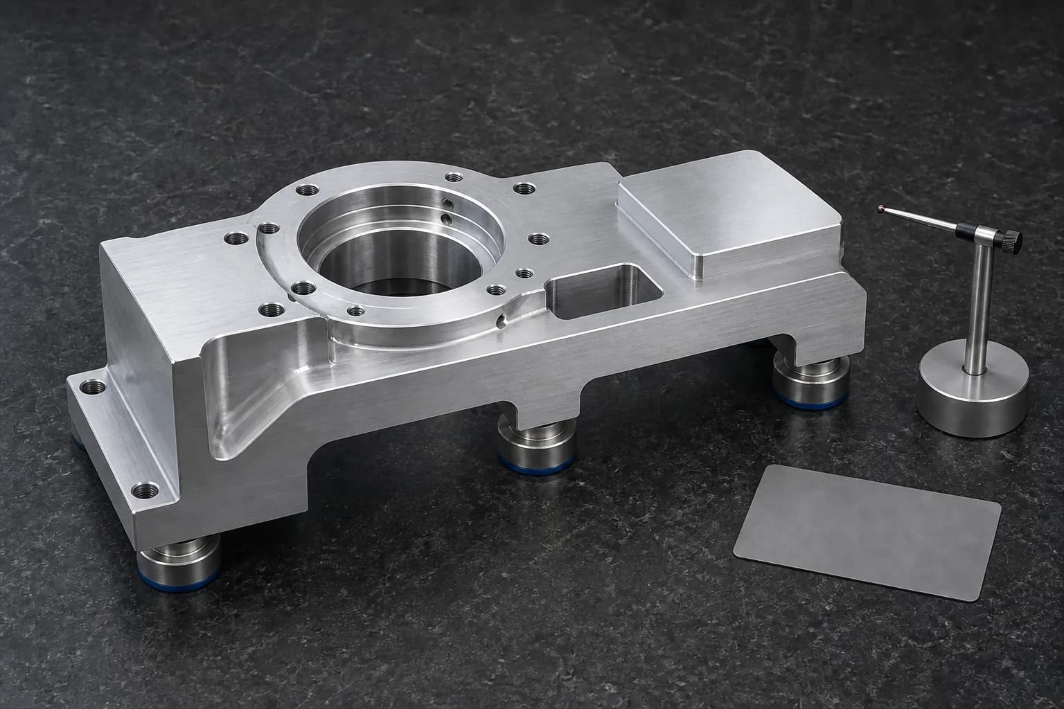 Illustrative dimensional-inspection request-planning scene with one generic machined aluminum housing resting on three neutral support points, showing its base and side datum faces, central bore, hole pattern, slot and raised mating pad beside a retracted non-contact probe