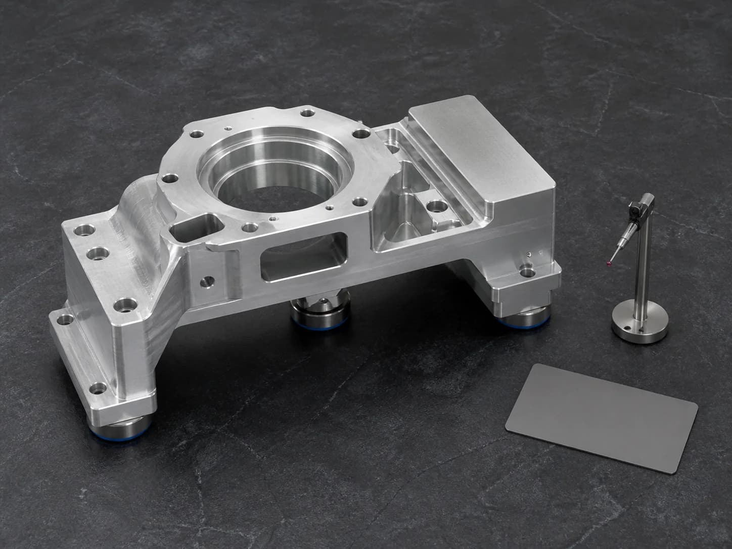 Illustrative inspection-request layout with one generic machined aluminum housing resting on three neutral support points, showing its base and side datum faces, a central bore and hole pattern, a rectangular slot, a stepped mating surface, a retracted non-contact probe, and an unlabeled blank record card